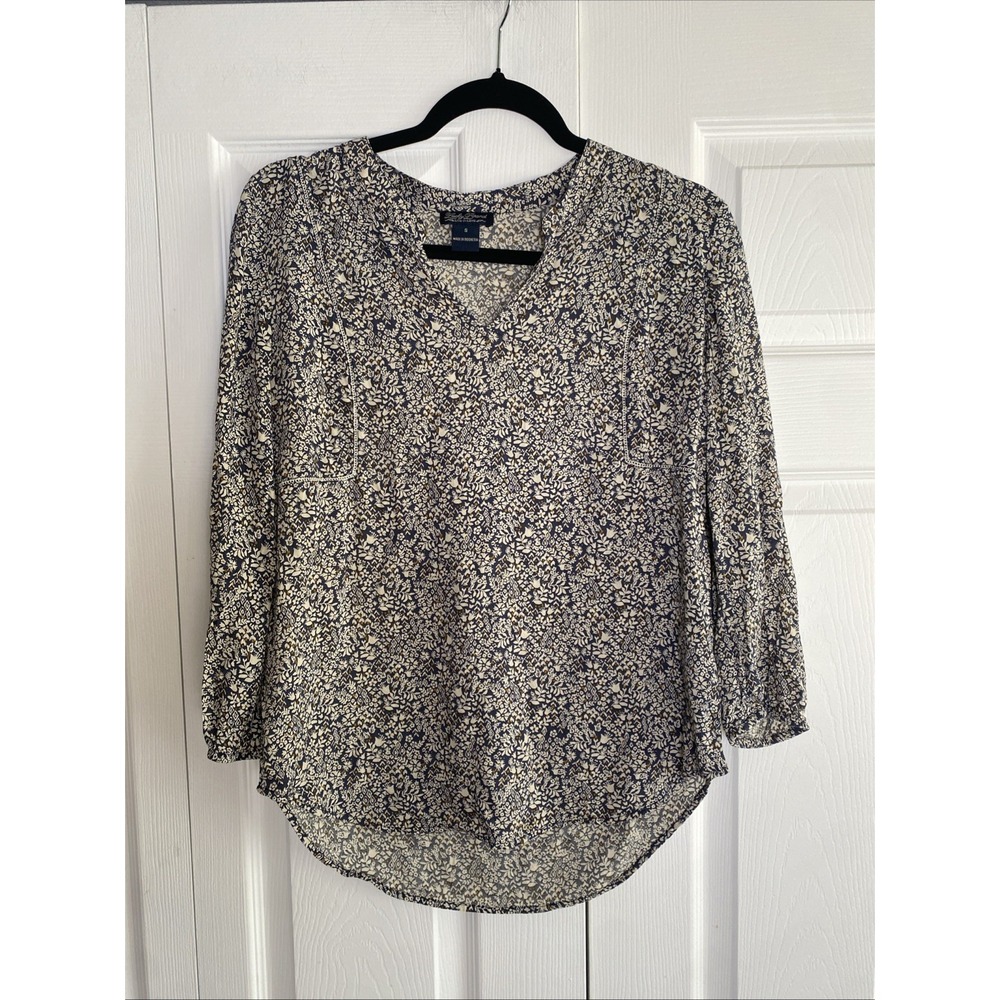 Lucky Brand Floral Peasant‎ Blouse Womens Size S Blue White Boho V-Neck Top